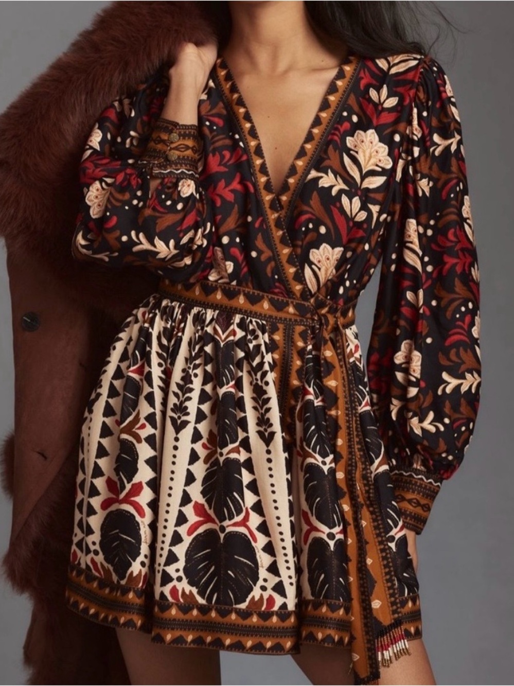 FARM Rio Black, Cream & Rust Floral Wrap Mini Dress